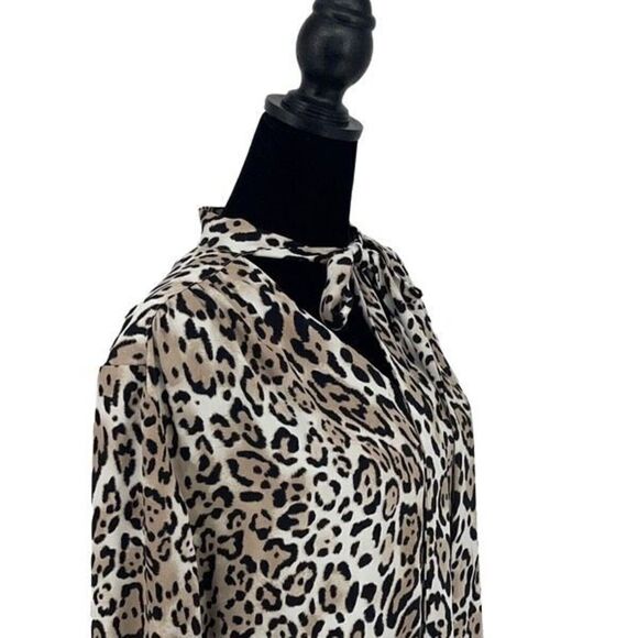 Chico's Womens Animal Print Button Front Tie Neck Long Sleeve Blouse Tan Black 3 - Picture 3 of 10